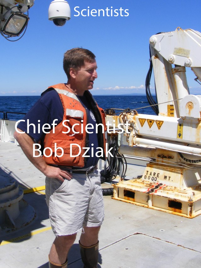 Bob Dziak, the Chief Scientist on our cruise, heads up the Acoustics department at the Pacific Marine Environmental Lab. He has used acoustic signals to study seismicity and ocean floor volcanism, and more recently to study icequakes and calfing of ice sheets in the Antarctic. 